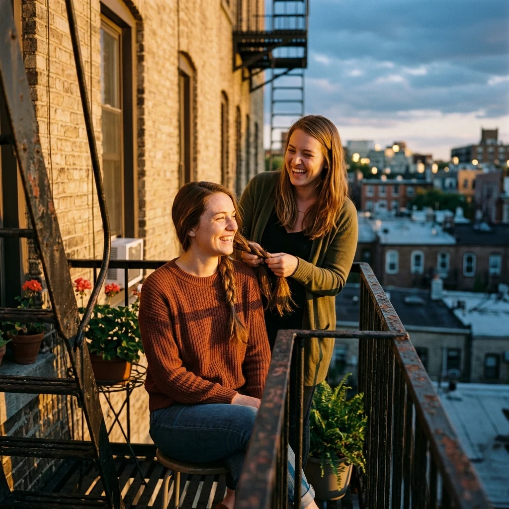 Two adult sisters in their late twenties sitting on a fire escape at sunset