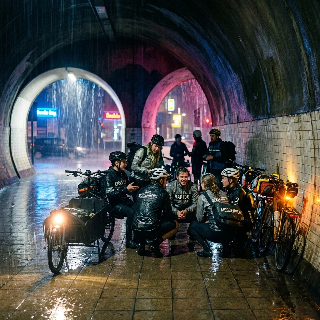Young bike couriers gathered inside a pedestrian tunnel in Tashkent during a sudden…