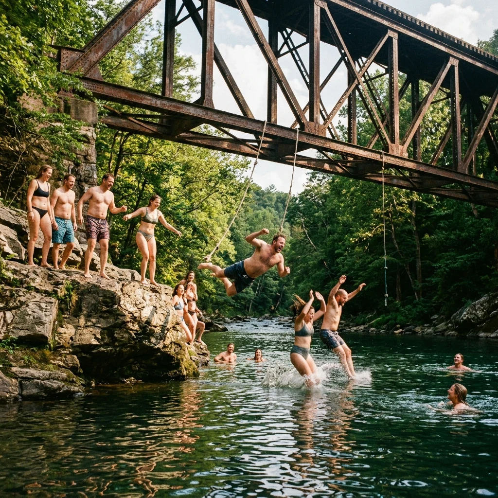 A river swimming hole under a railway bridge