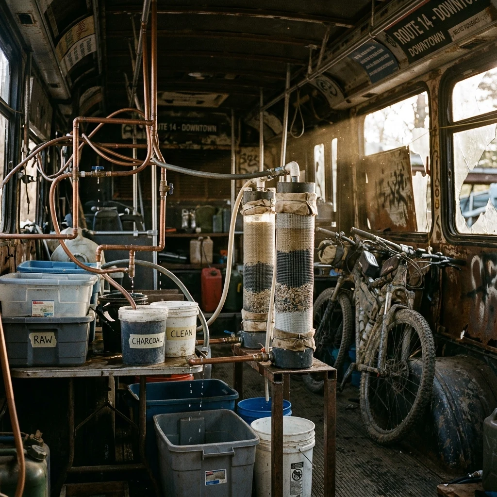 A makeshift water-purification outpost built inside a ruined city bus shell