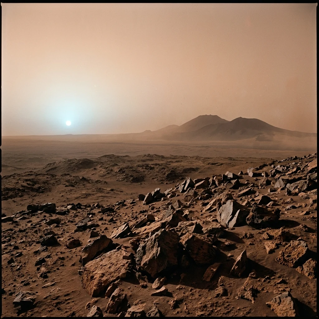 A Martian sunset shot from the slopes of Hecates Tholus in Elysium Montes