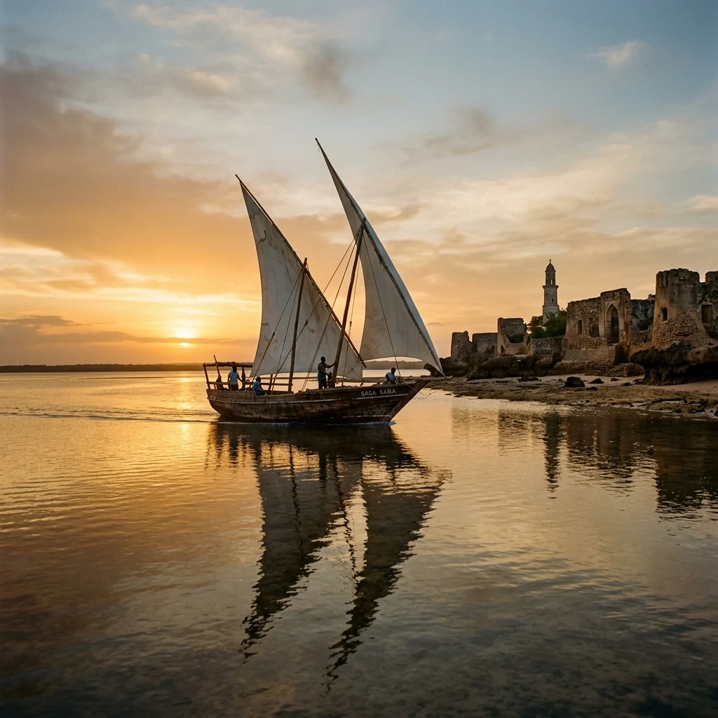Wooden boat sailing at sunset