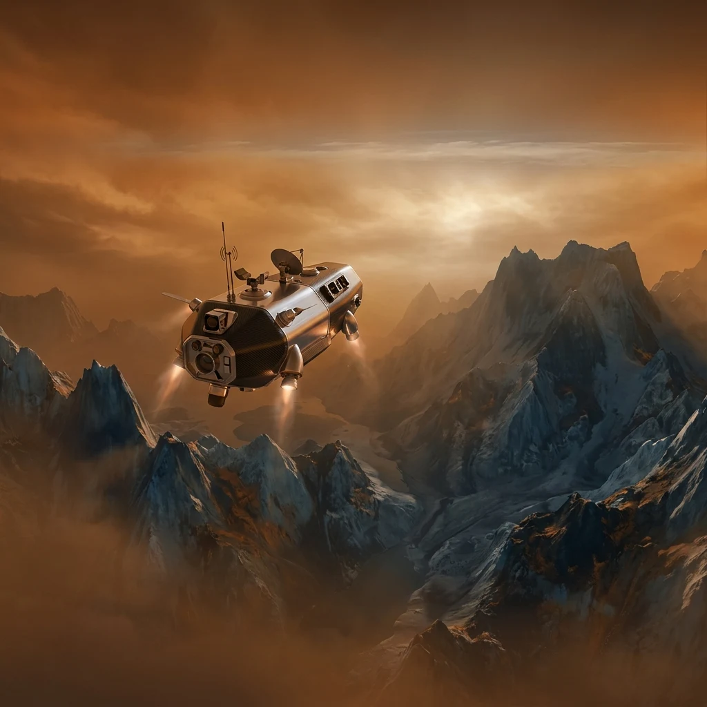 A robotic probe ascending through the thick orange atmosphere of Titan