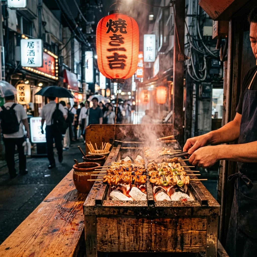 Cooking skewers at a street stall