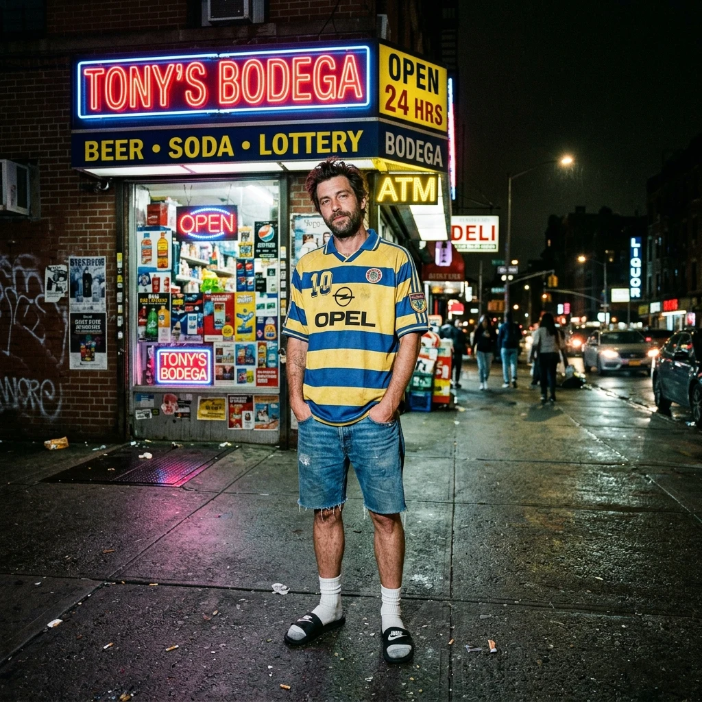 A man in a vintage soccer jersey