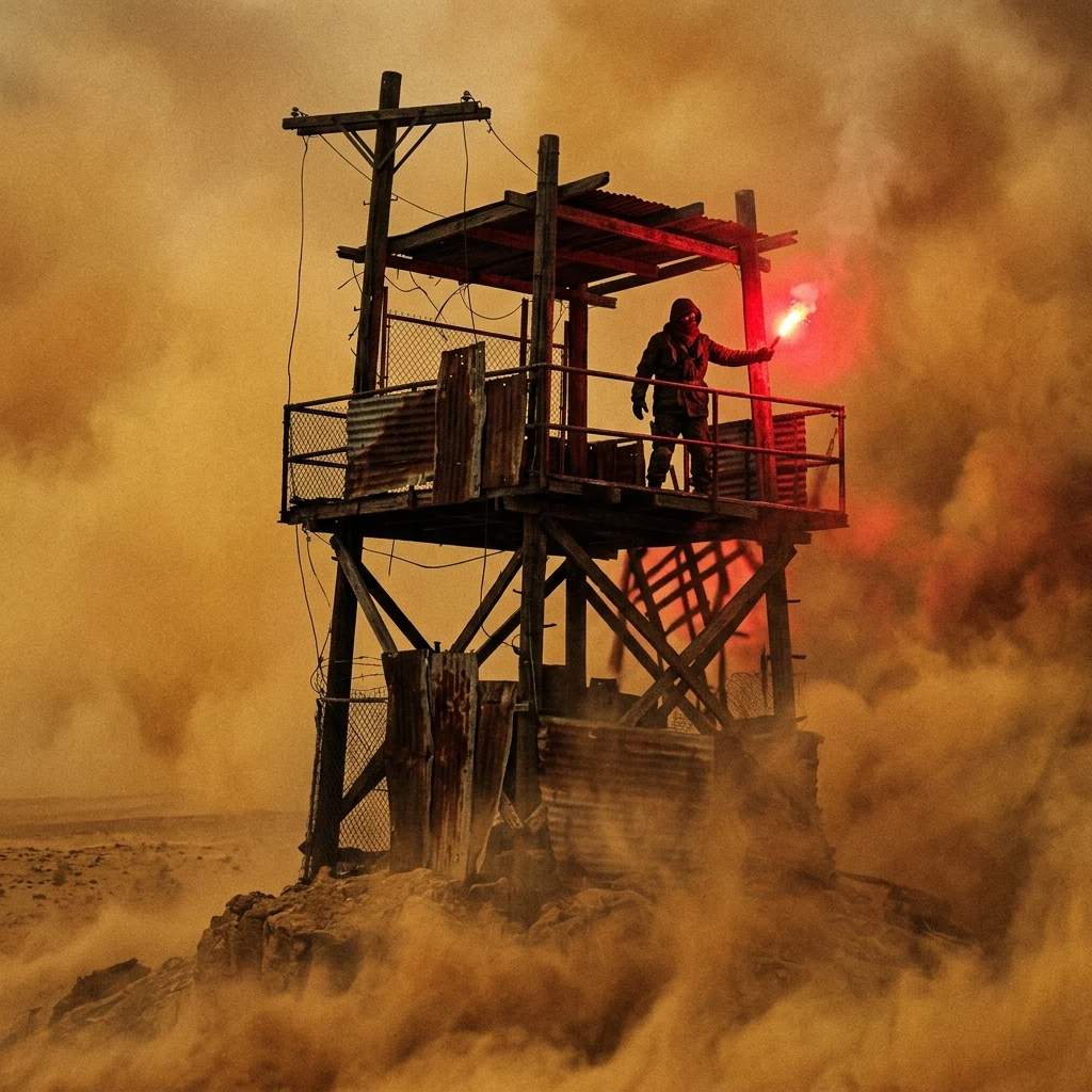 A dust storm engulfing a makeshift watchtower built from telephone poles and scrap iron