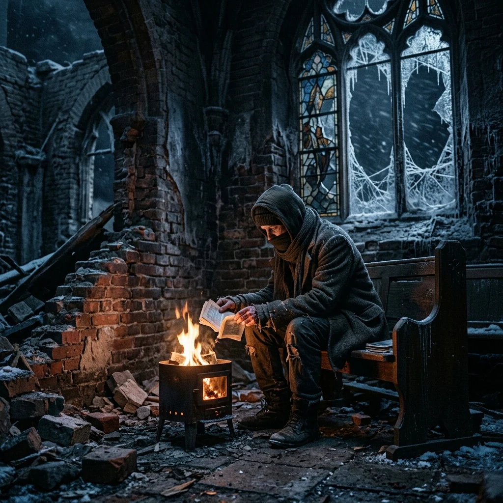 Small fire burning in a ruined chapel
