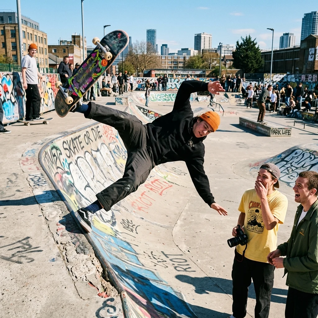 Friends watching a skateboarder fall
