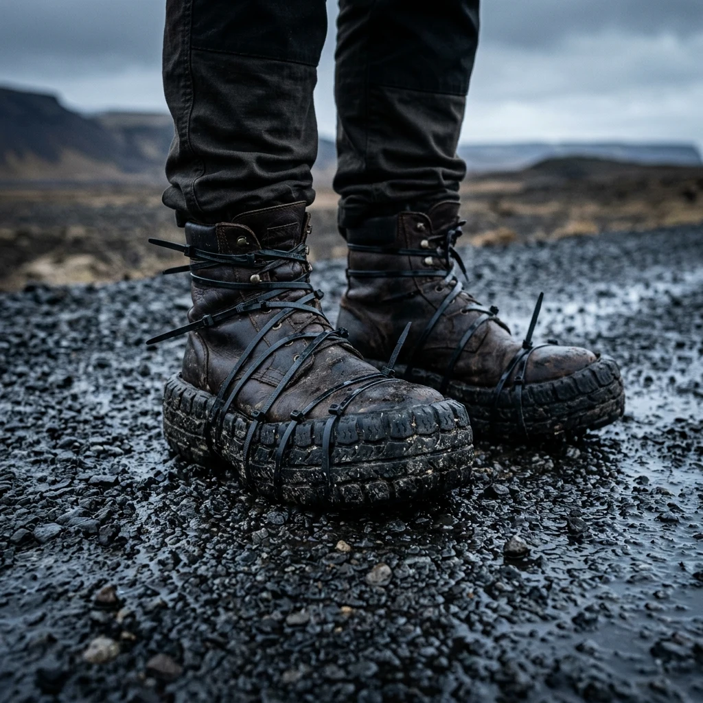 A survivor wearing thermal boots made from thick automotive tire tread soles lashed to…