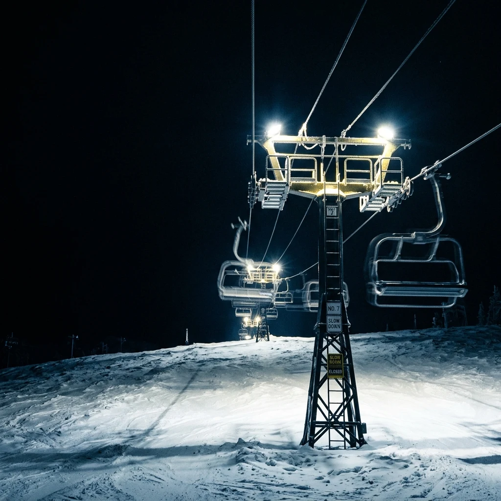 An empty chairlift at night under floodlights