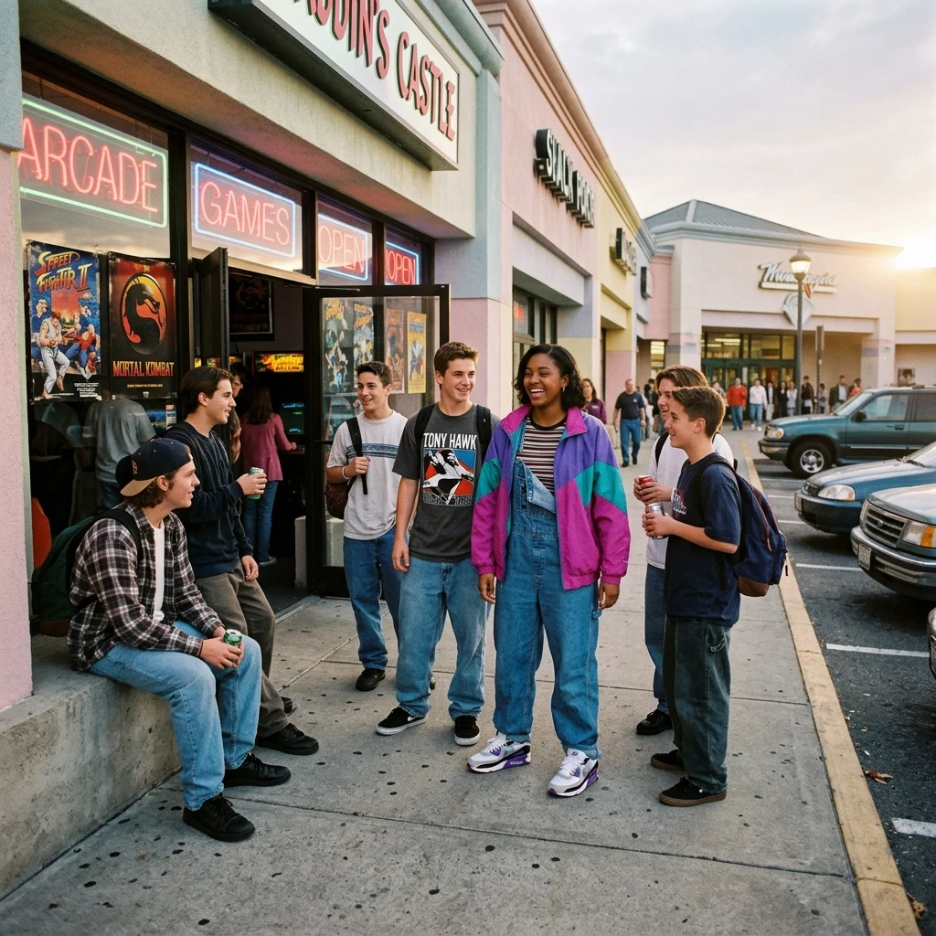 A group of 1990s high school students in color-blocked windbreakers