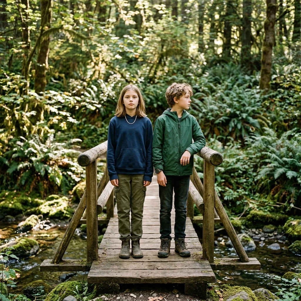 Fraternal twin brother and sister aged twelve standing on a wooden footbridge