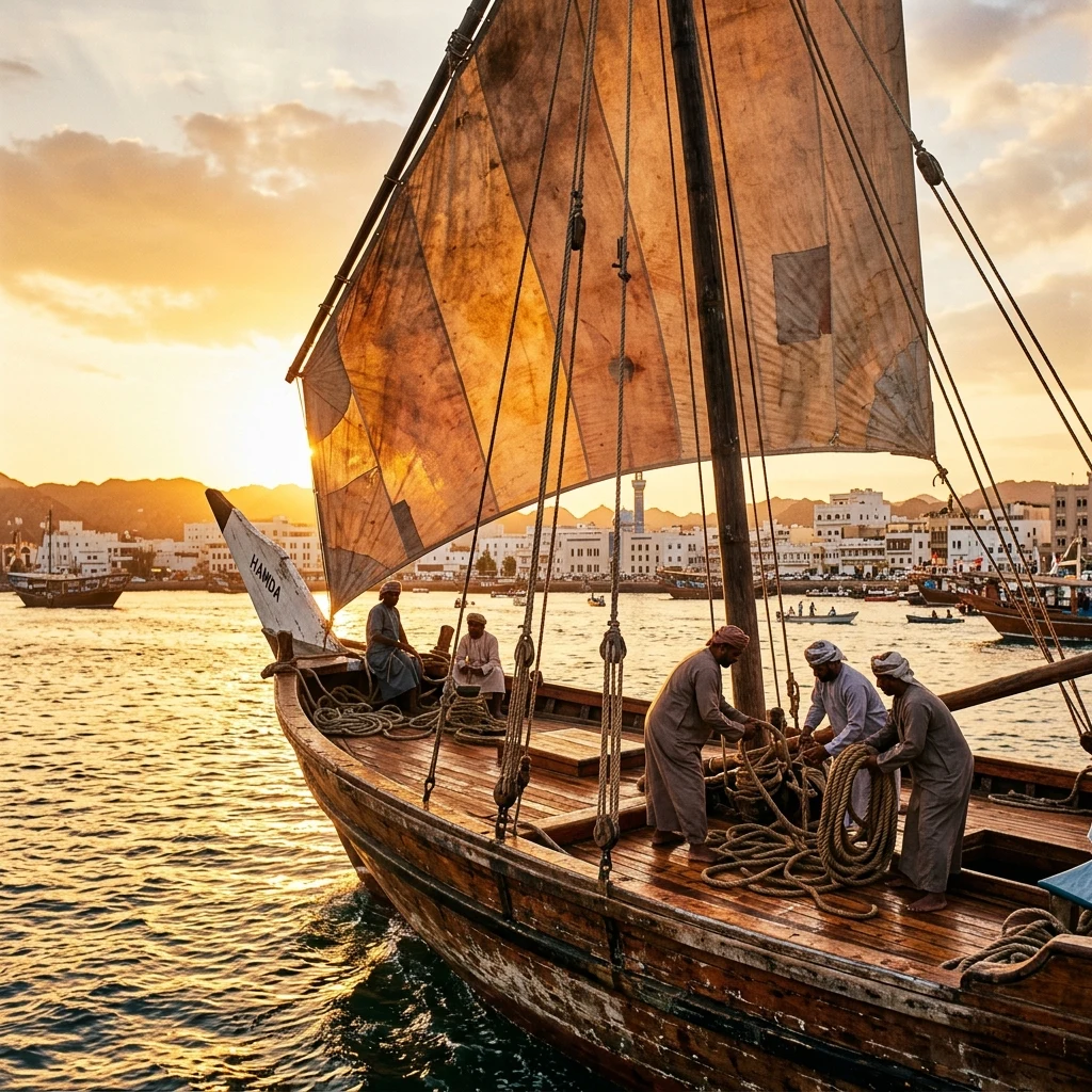 A wooden dhow returning to a harbor at golden hour