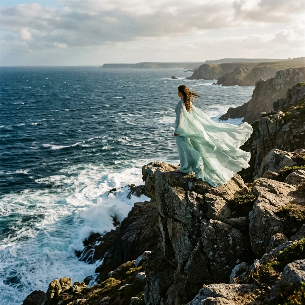 A diaphanous chiffon grecian gown in seafoam green