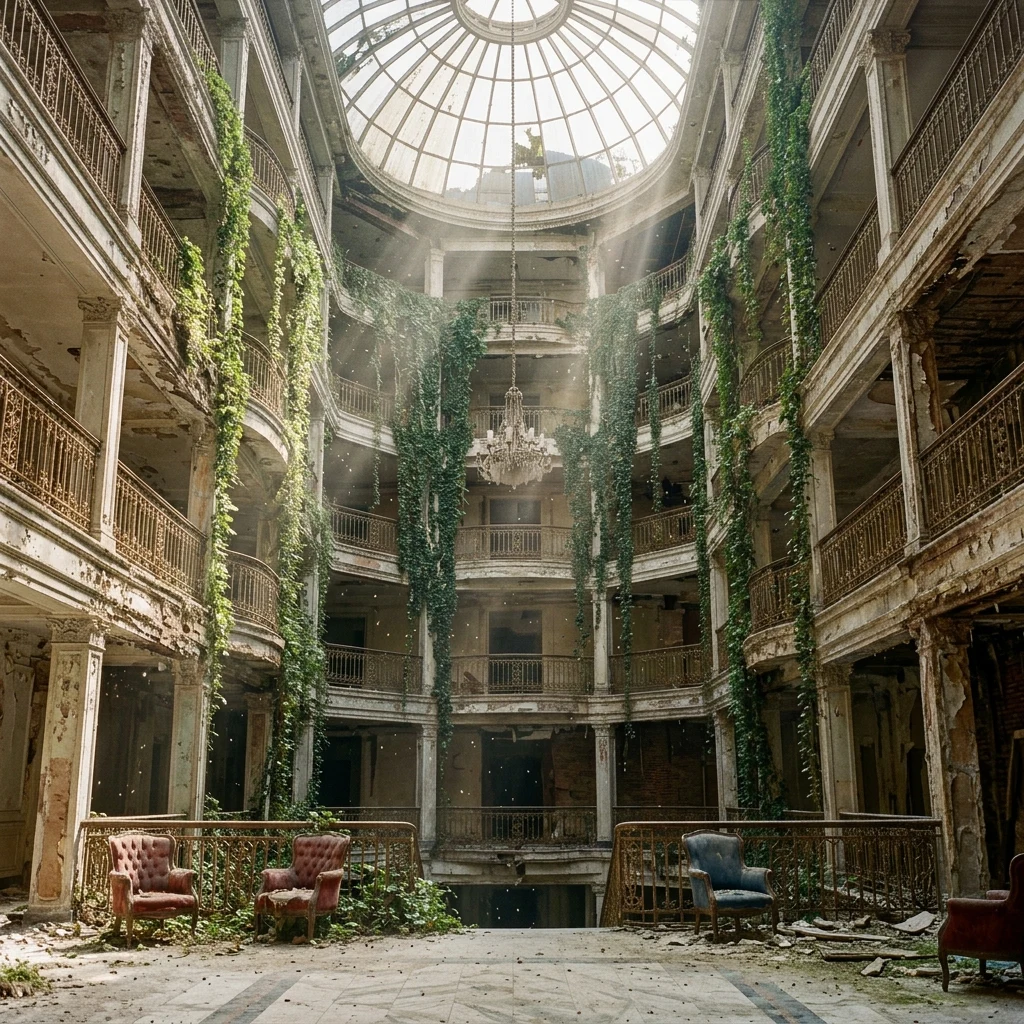 Sunlight streaming into a decaying grand atrium