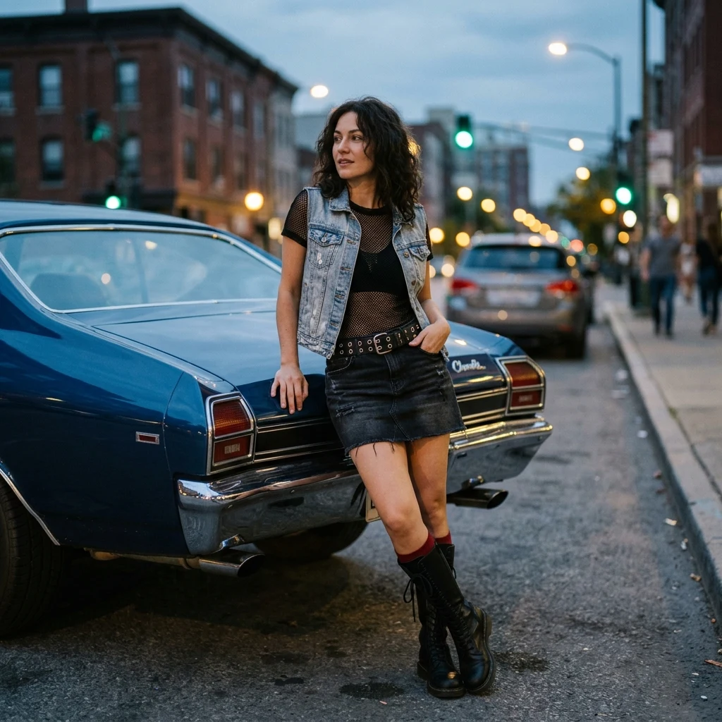 A female model in a cropped denim vest over a mesh baby tee