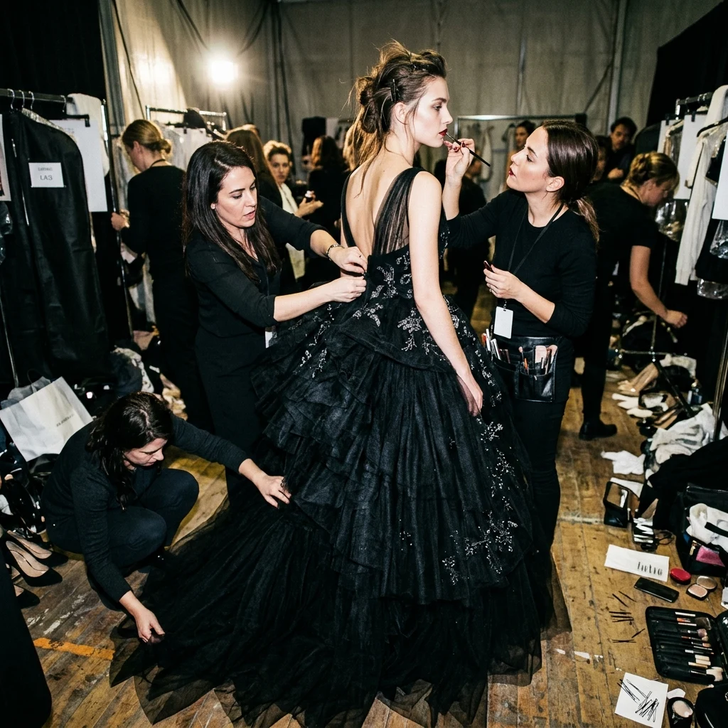 A chaotic backstage moment captured on direct flash 35mm