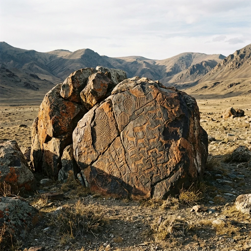 Ancient petroglyphs carved into dark iron-stained boulders in a desolate Altai valley