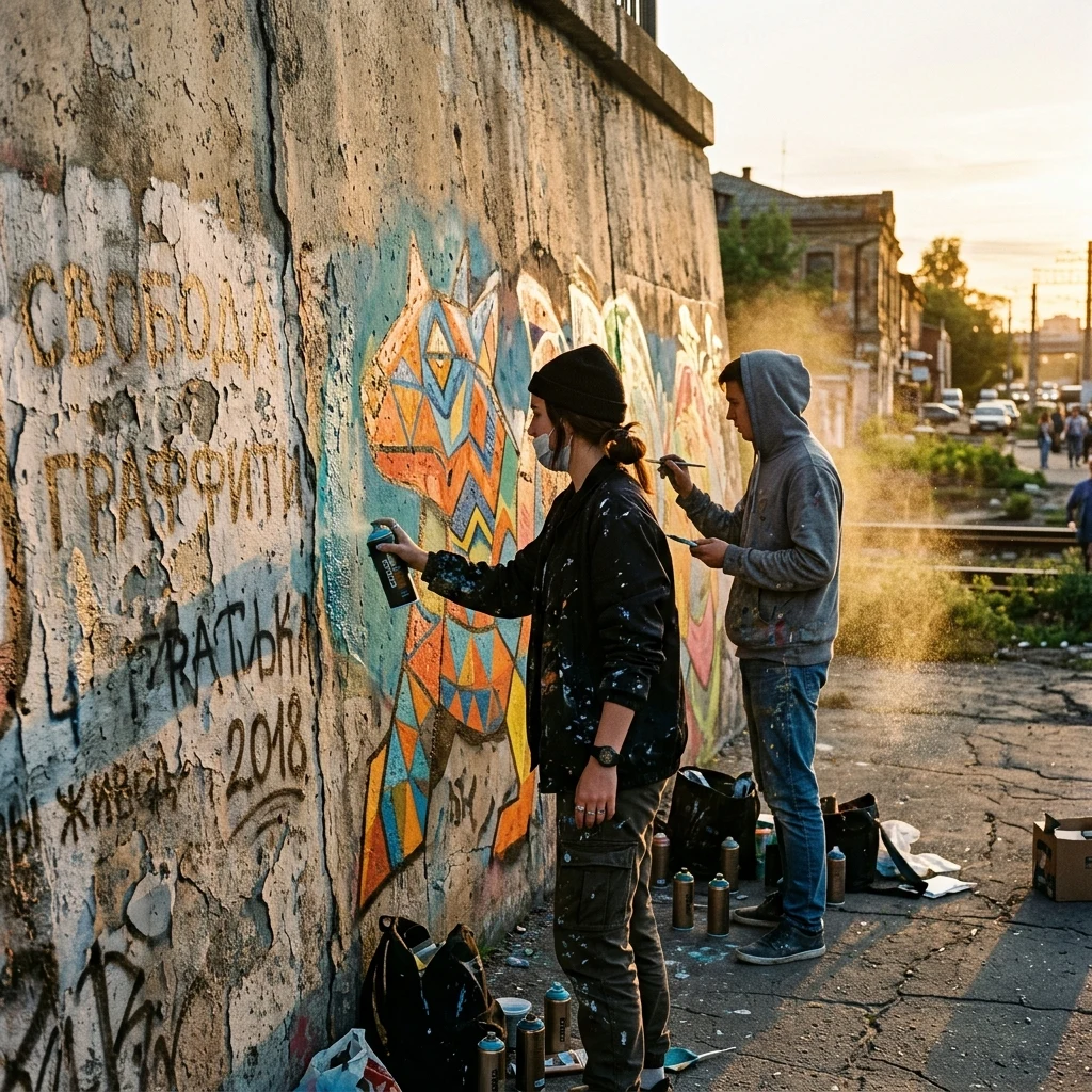 Young street artists painting a mural over peeling Cyrillic graffiti on a concrete…