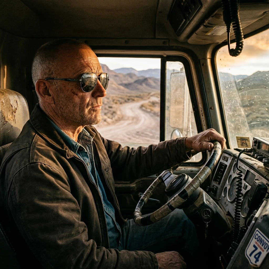 Truck driver in a sunlit cab