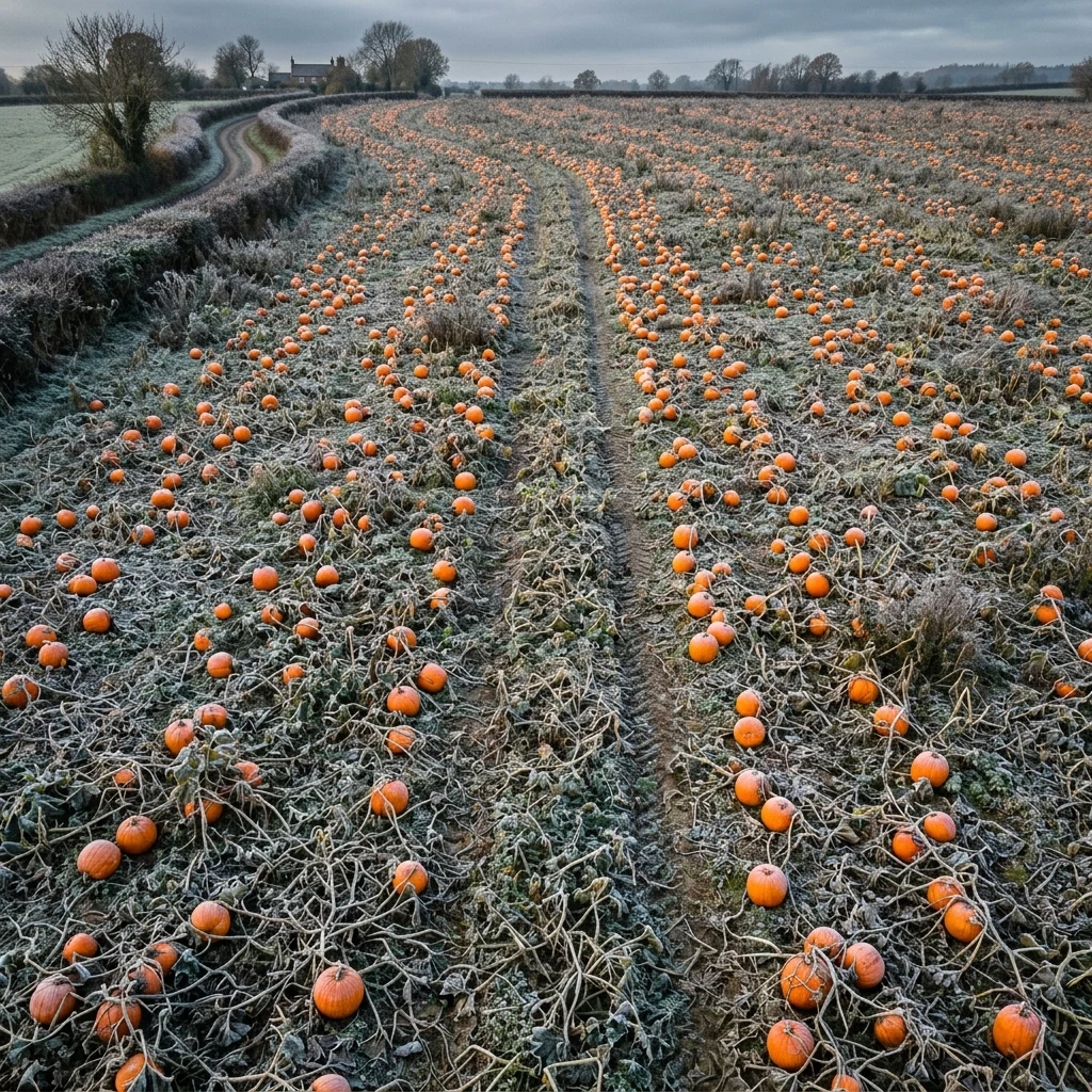 A pumpkin field after first frost photographed straight down from a drone