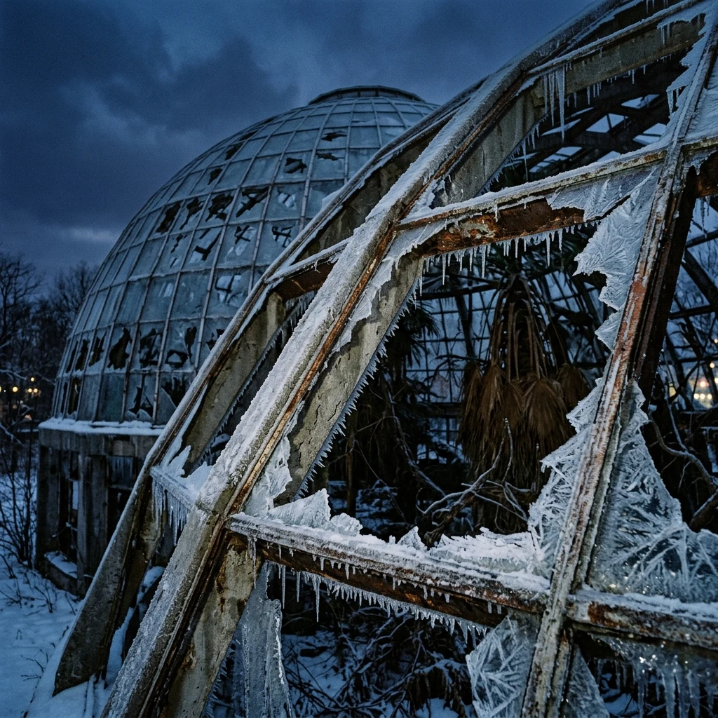 An overgrown botanical glass dome shattered and encased in thick rime ice