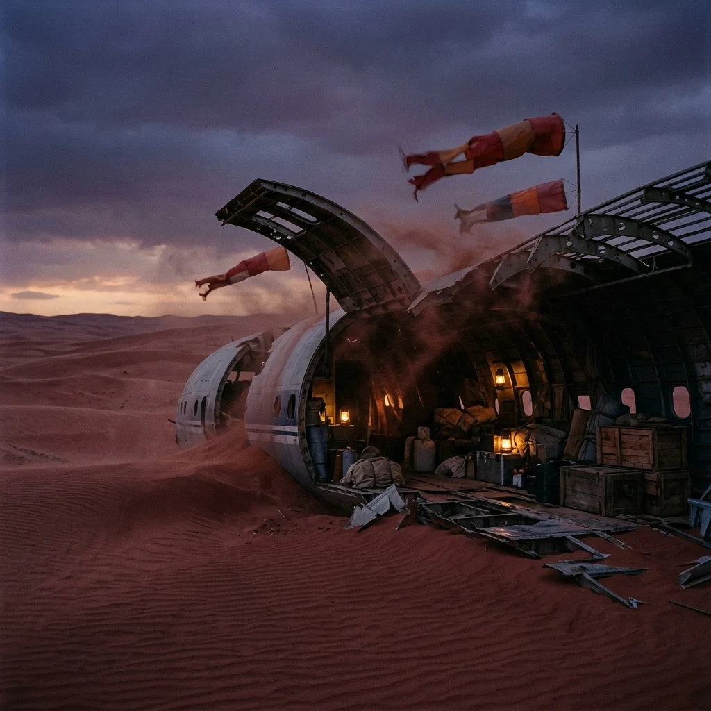 A desert ridge outpost constructed inside the fuselage of a crashed cargo plane