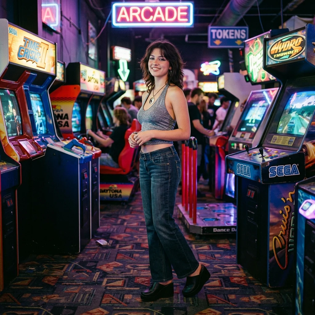 Stylish fashion look in a neon arcade