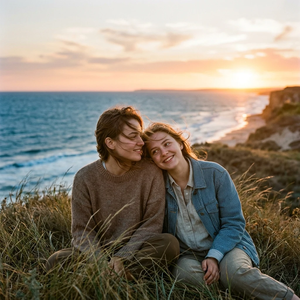 A sunset portrait of two sisters sitting on a grassy dune overlooking the Black Sea near…