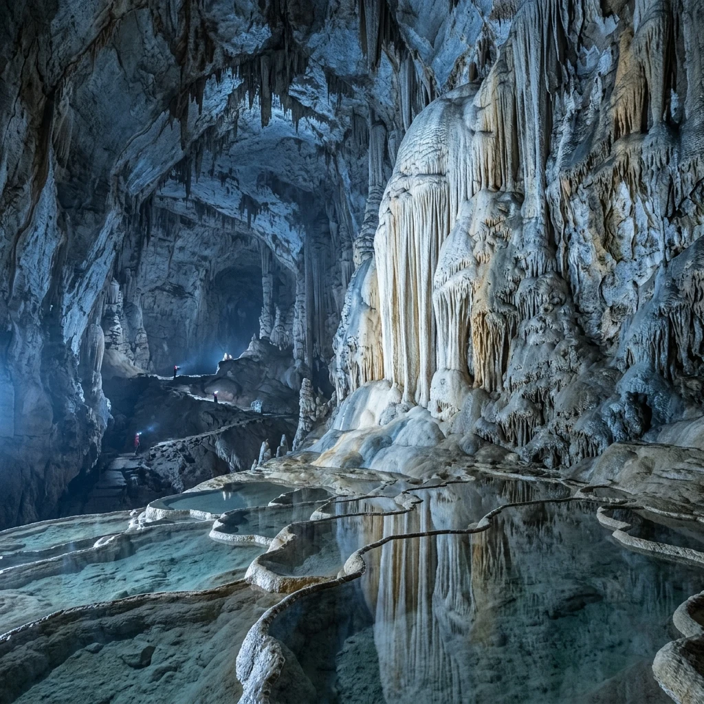 A massive subterranean cathedral cavern featuring a sprawling 'flowstone' frozen…