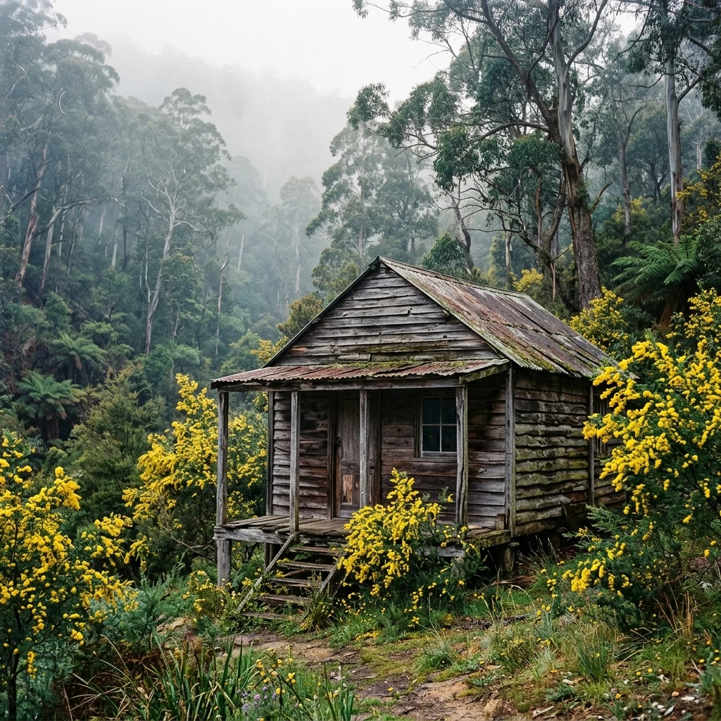 An old timber gold-mining hut rotting in a secluded valley of the Great Dividing Range