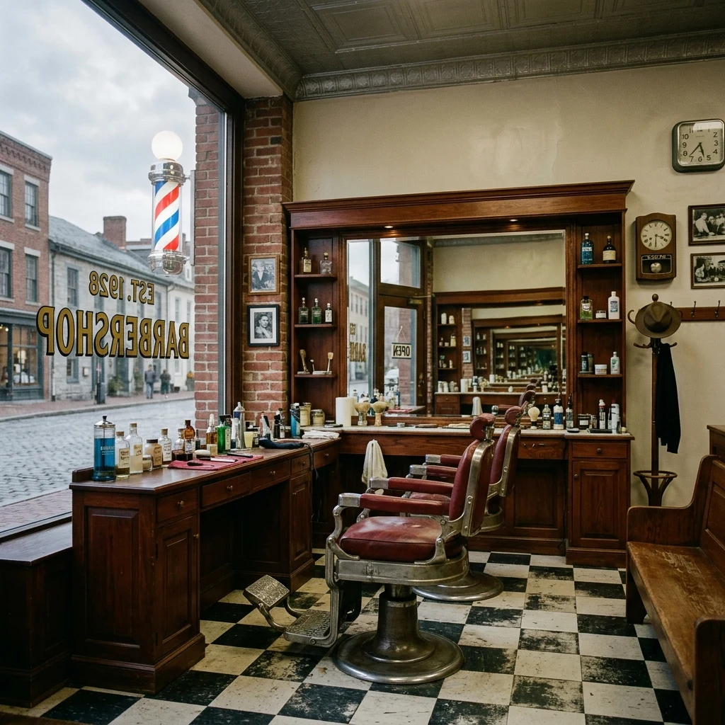 A vintage barbershop interior shot on Portra 800