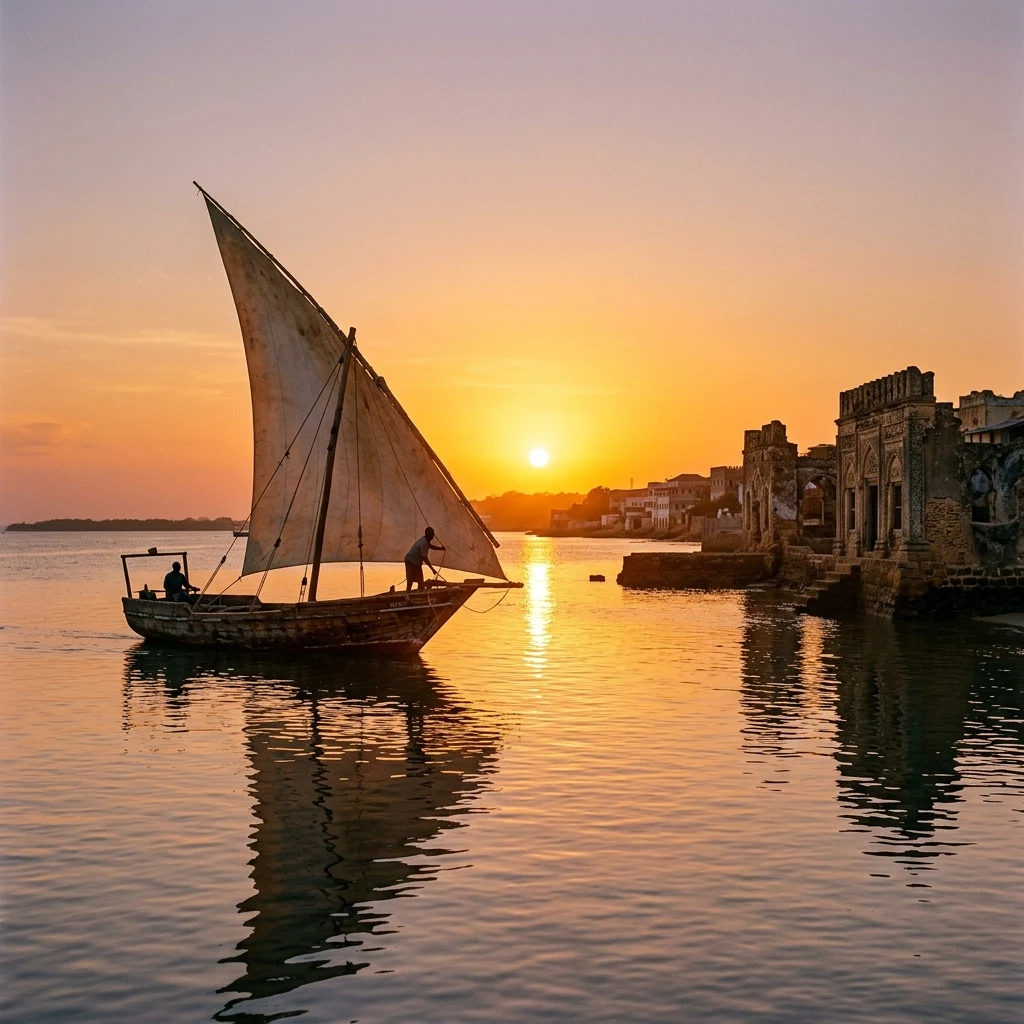 A wooden dhow with weathered white sails gliding past stone ruins in Lamu at sunset