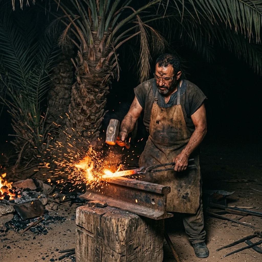 A makeshift blacksmith forge set up beneath an oasis date palm