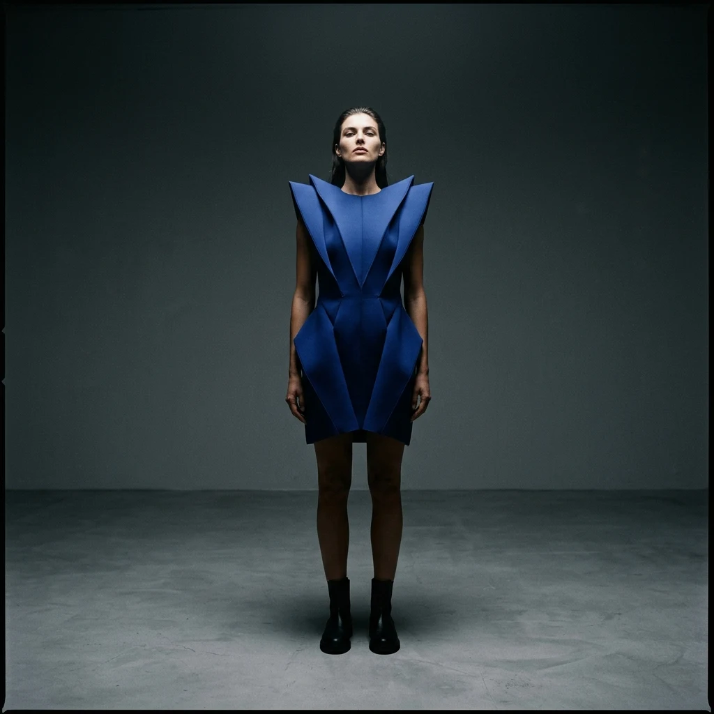 An avant-garde sculpted neoprene mini dress in electric cobalt blue