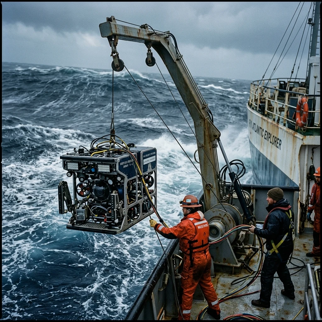 A research ship deploying an underwater camera package over the side into stormy North…
