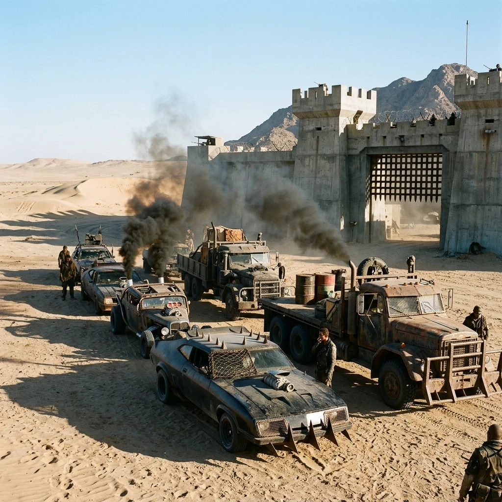 A convoy of battle-scarred dune buggies and spiked flatbed trucks idling outside a…