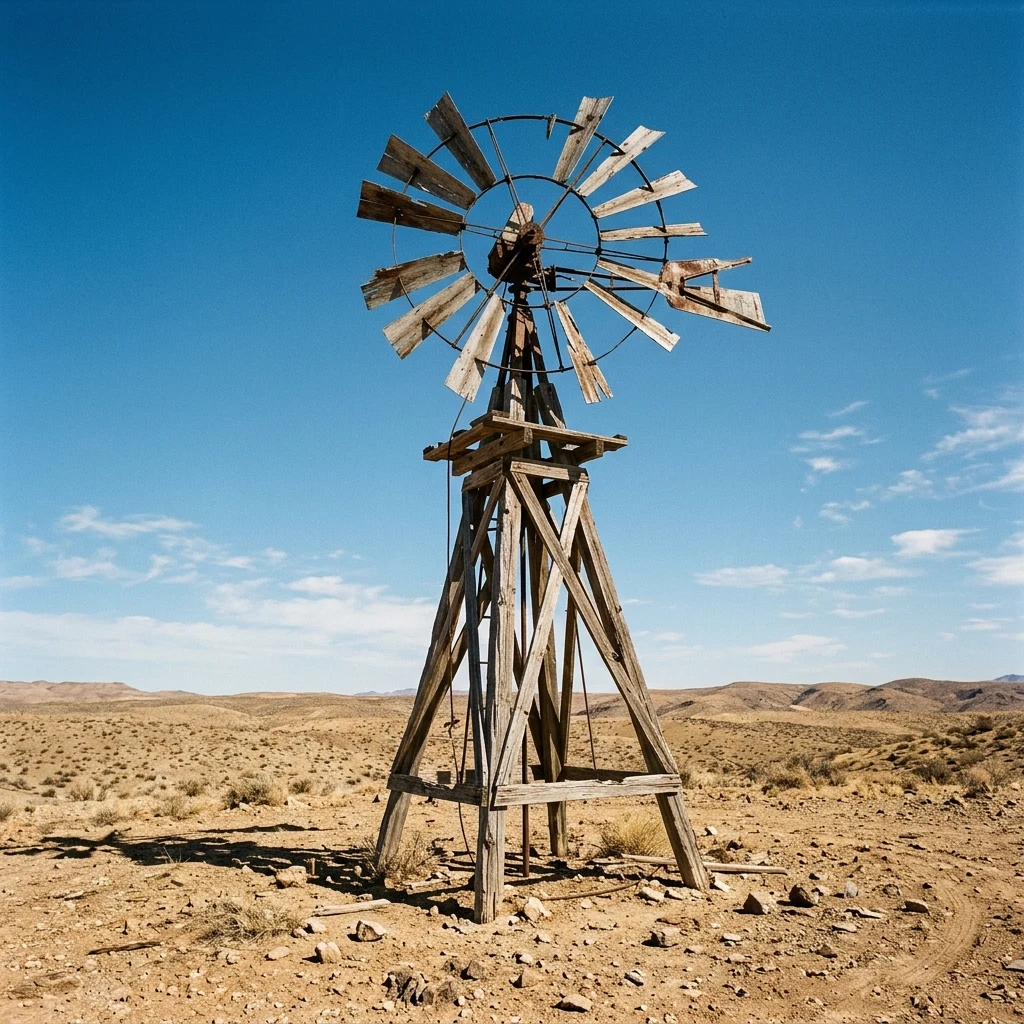 A decaying wooden wind pump with missing blades