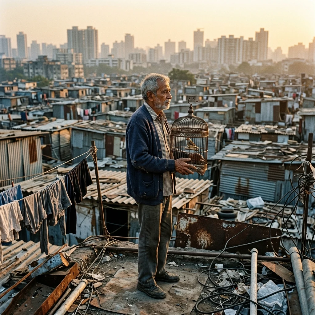 A quiet moment on a cluttered rooftop at golden hour