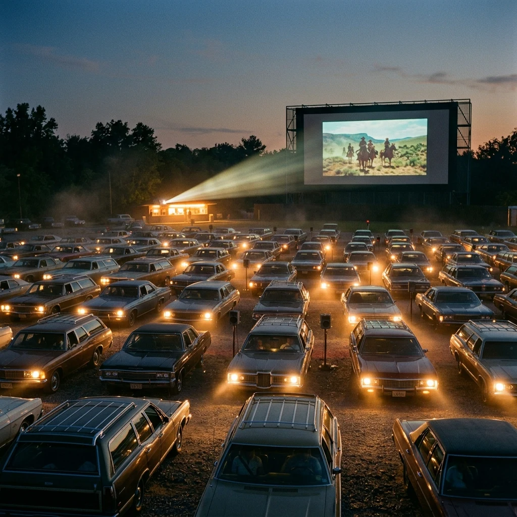 A drive-in movie theater in 1974 photographed from the back row