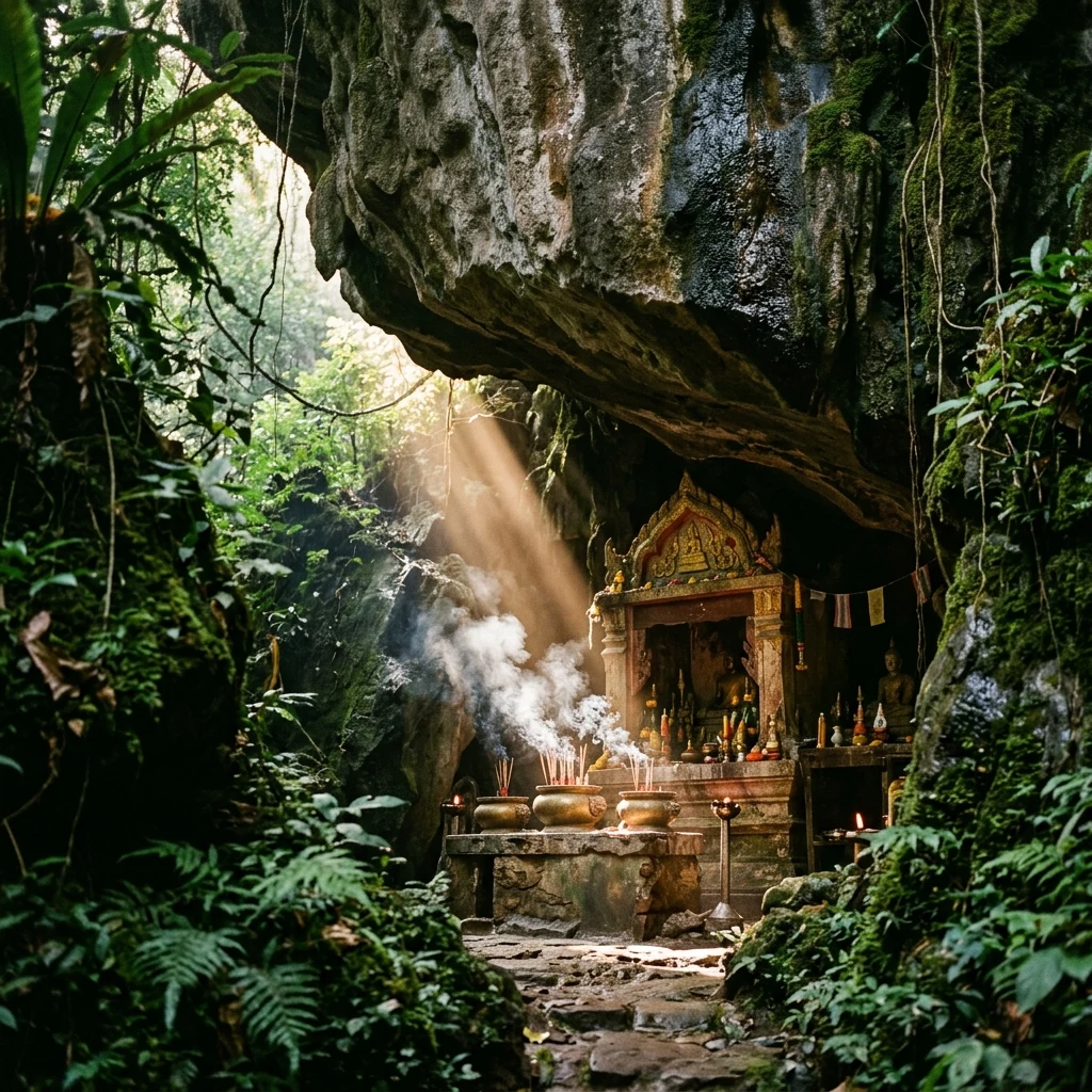 An ancient Buddhist shrine tucked beneath a massive limestone overhang in the Khorat…