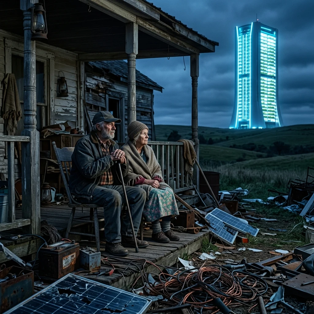 Couple watching a glowing tower at dusk