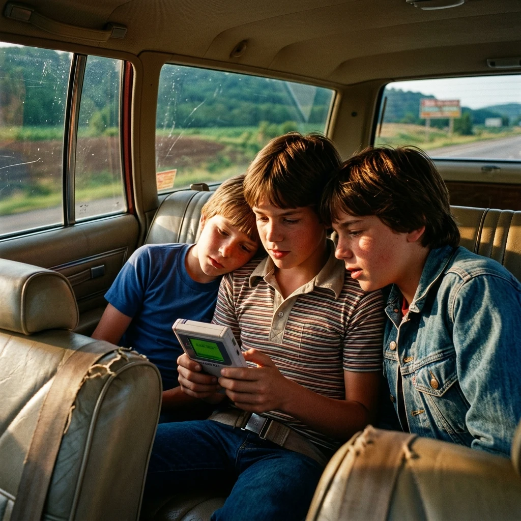 Brothers playing a handheld game on a roadtrip