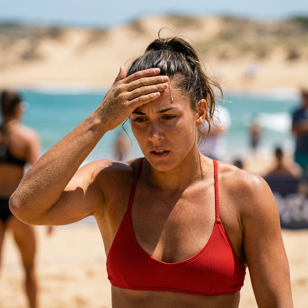 A close-up action shot of a female player in a ribbed red minimal bikini wiping sweat and…