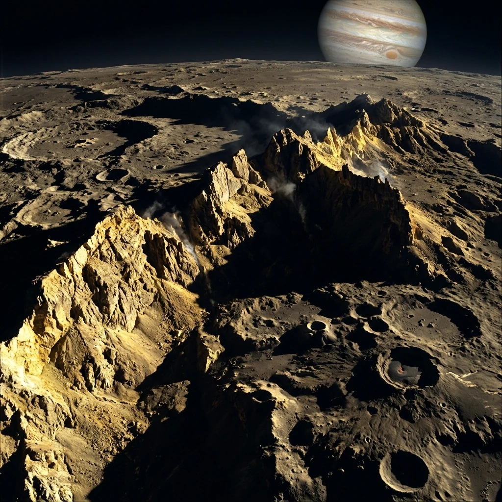 A high-contrast photograph of shadow-dominated ridges along Ionian Montes during a…