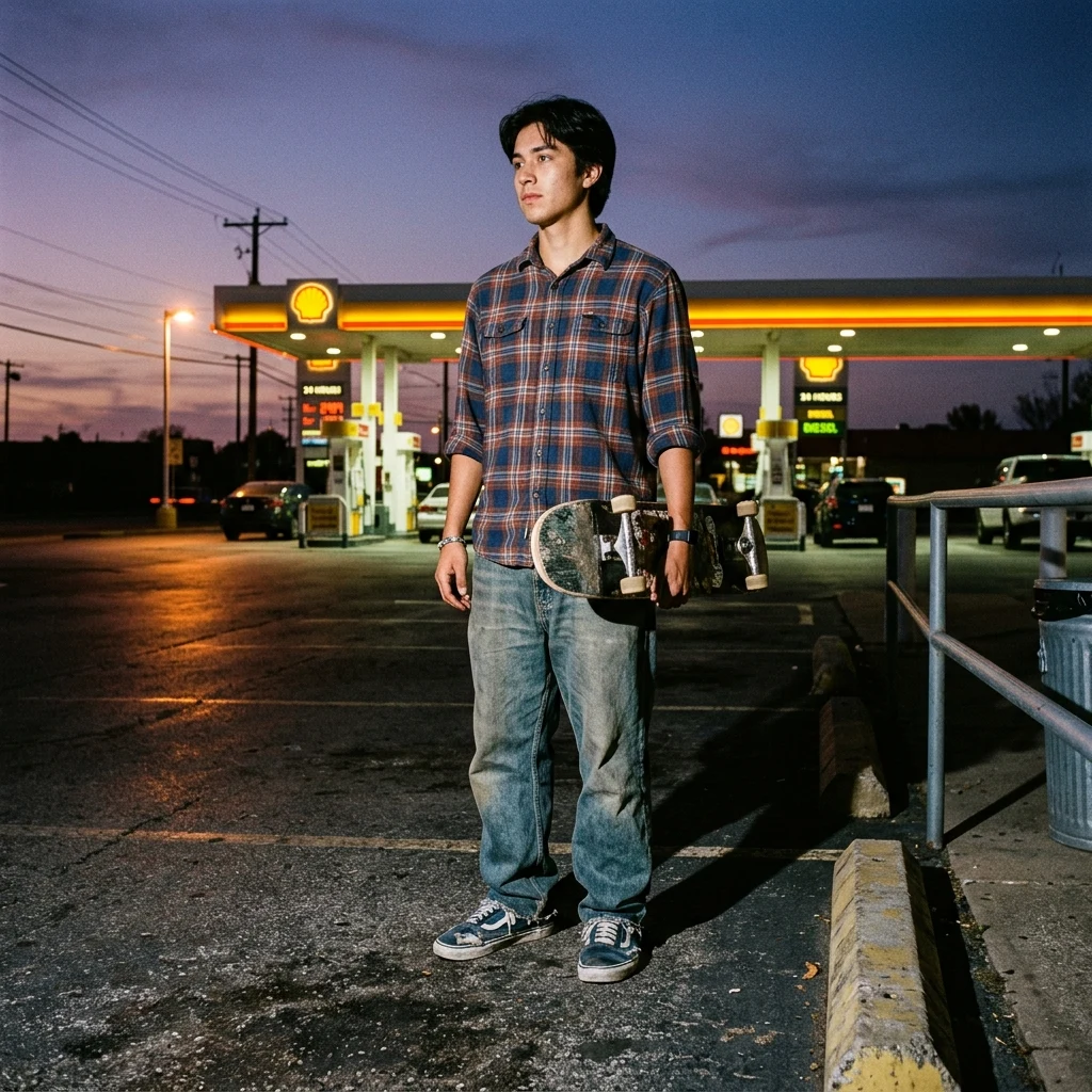 Skateboarder at a gas station at dusk