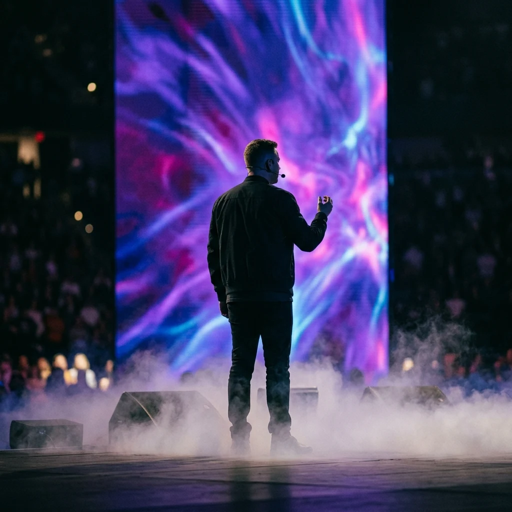 A modern-day neo-charismatic preacher on a dark arena stage