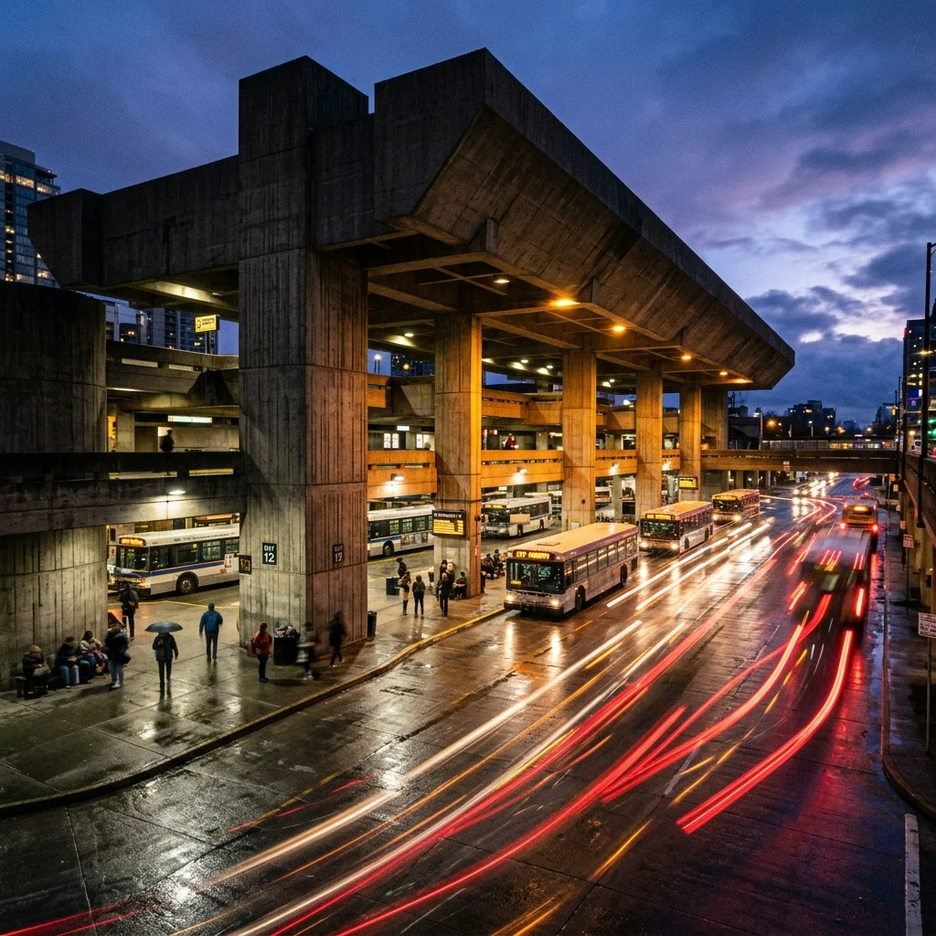 A brutalist bus terminal at dusk