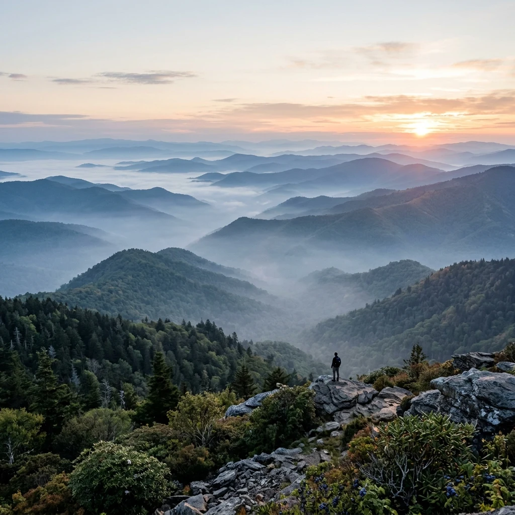 National Geographic style panoramic landscape of the Appalachian Mountains at sunrise