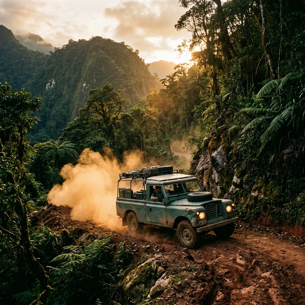 A winding mountain pass cutting through the dense jungle slopes of the Khorat Massif in…